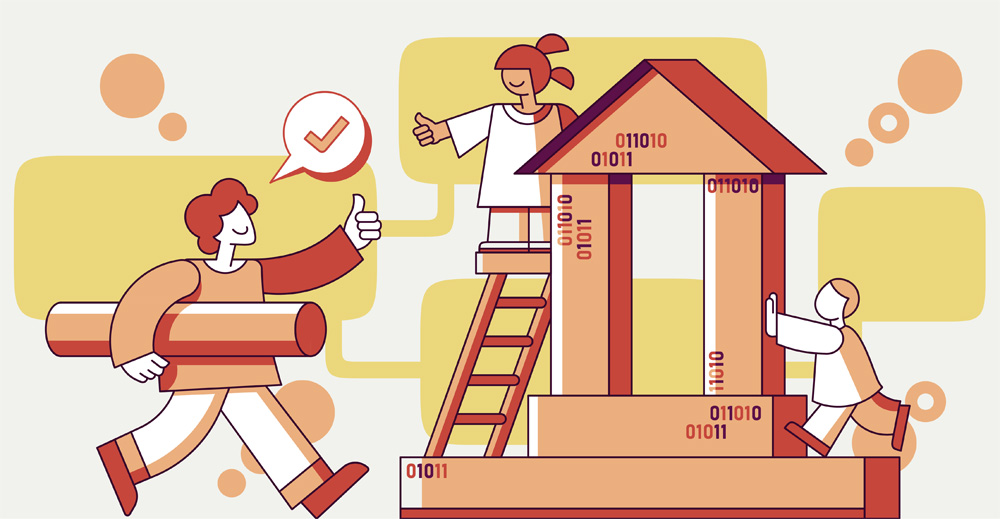 Illustration of diverse people collaborating to construct a house